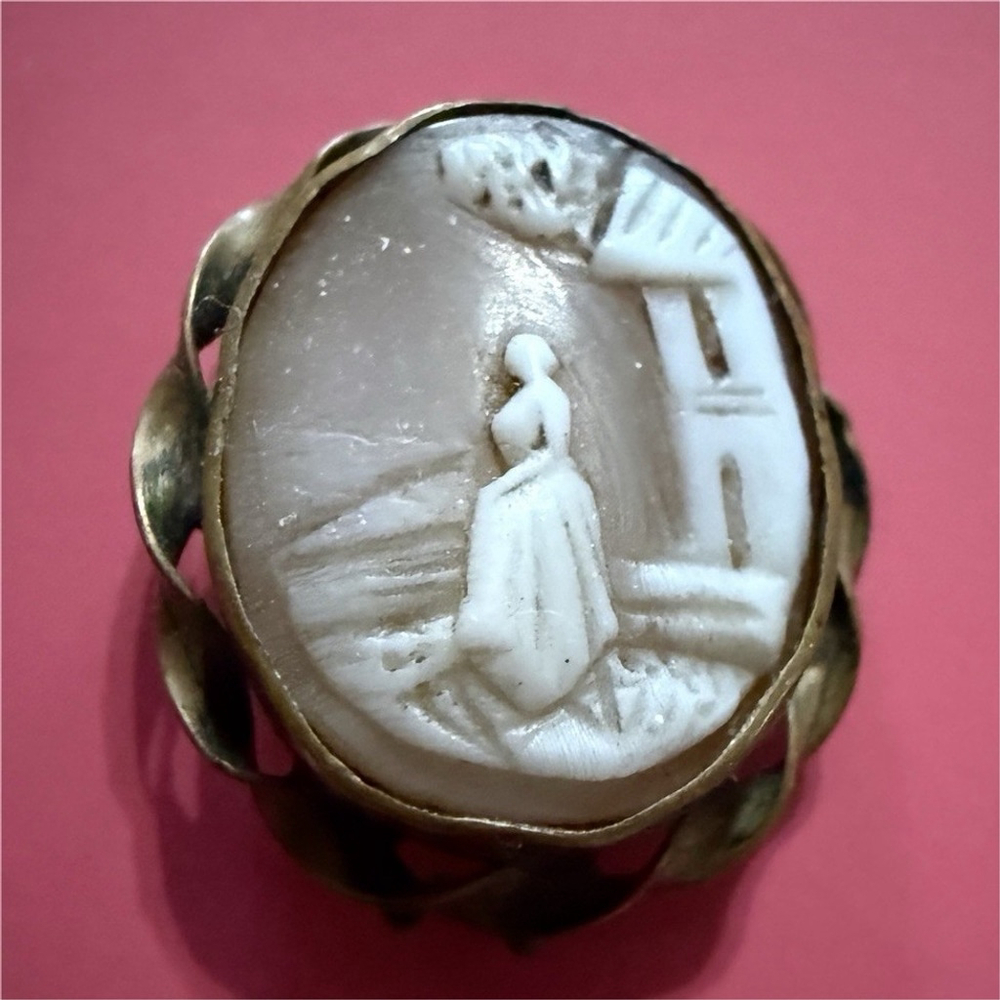 Antique Victorian “Rebecca at the well” hand carved brooch